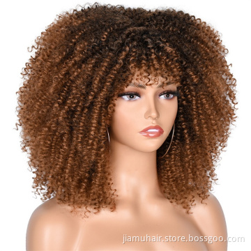 Short Hair Afro Kinky Curly Wigs With Bangs For Women African Synthetic Ombre Cosplay Wigs Wholesale
